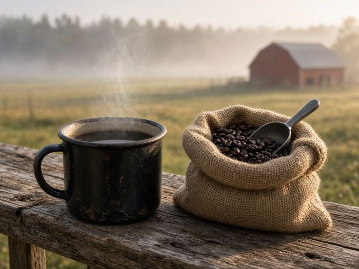Steaming black enamel mug and a sack of coffee beans on a porch rail at dawn