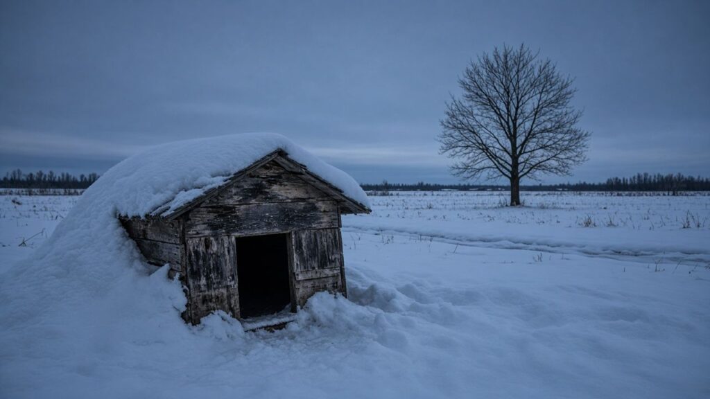 A lone doghouse standing in the snow