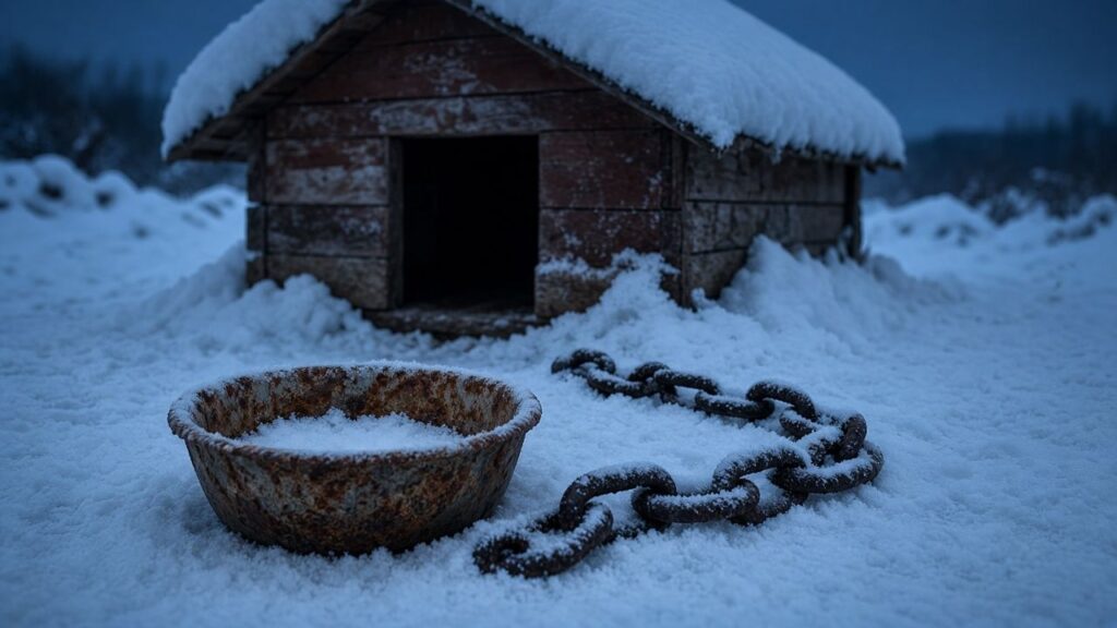 A rusted food bowl and slack chain in the snow in front of a doghouse