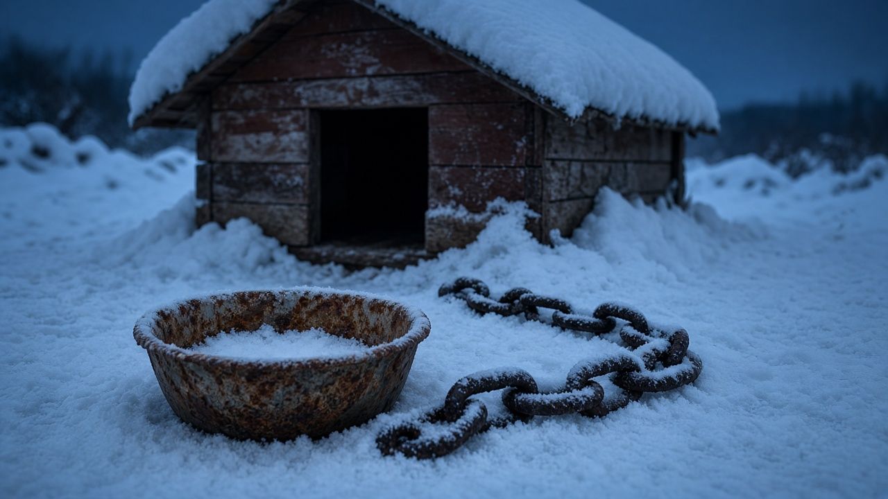 A rusted food bowl and slack chain in the snow in front of a doghouse