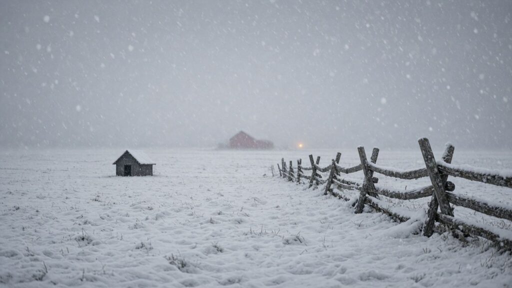 A distant doghouse beside a split-rail fence as snow falls