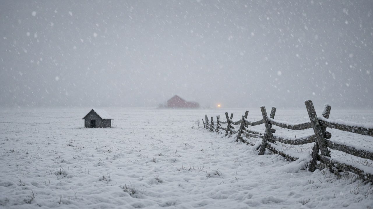A distant doghouse beside a split-rail fence as snow falls