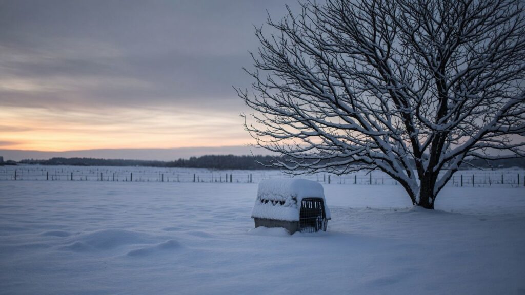 A snow-covered kennel crate under a bare tree at first light