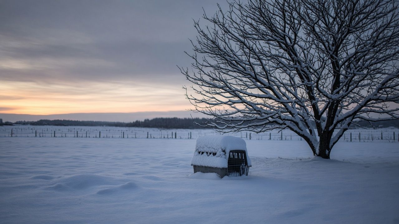 A snow-covered kennel crate under a bare tree at first light