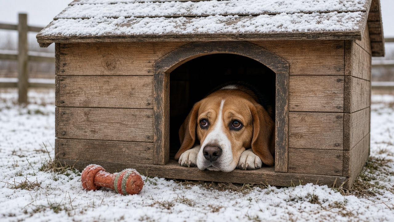A sulking dog peeking out of a doghouse doorway
