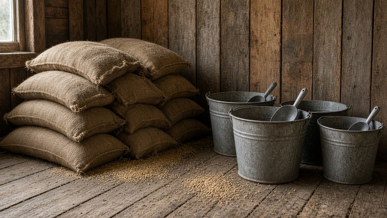 Feed sacks and metal buckets in an old barn feed room