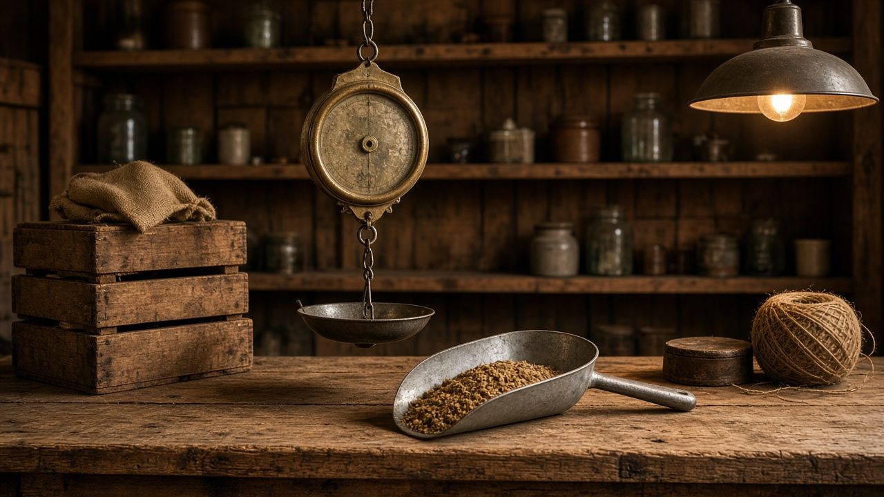 An old feed store counter with a brass hanging scale
