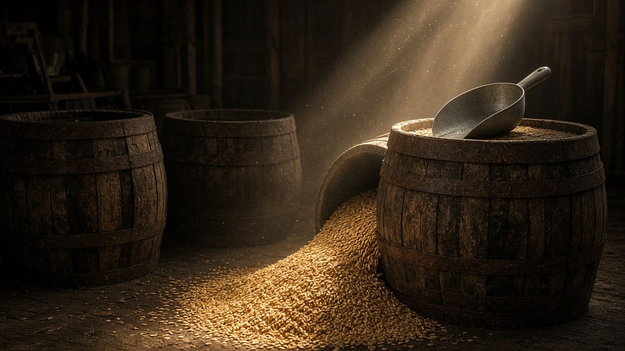 Wooden barrels with spilled oats in a shaft of light