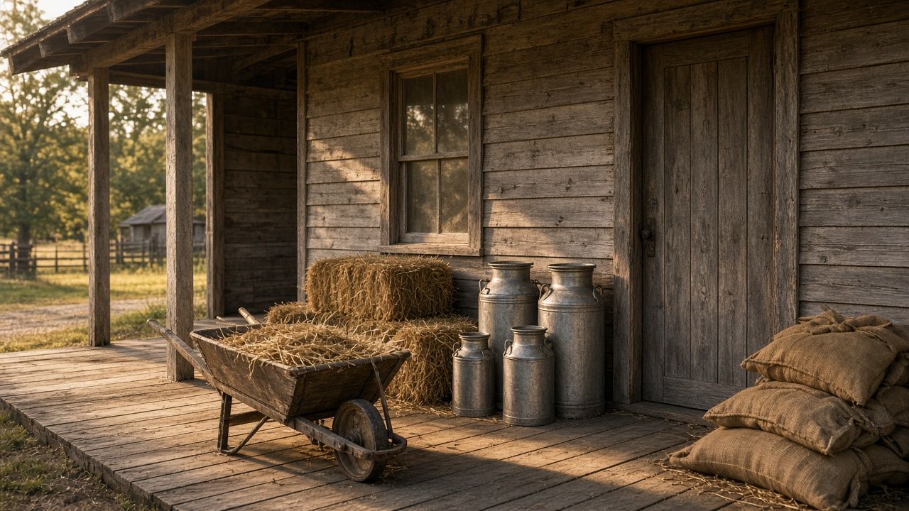 The porch of an old feed store with milk cans and hay bales