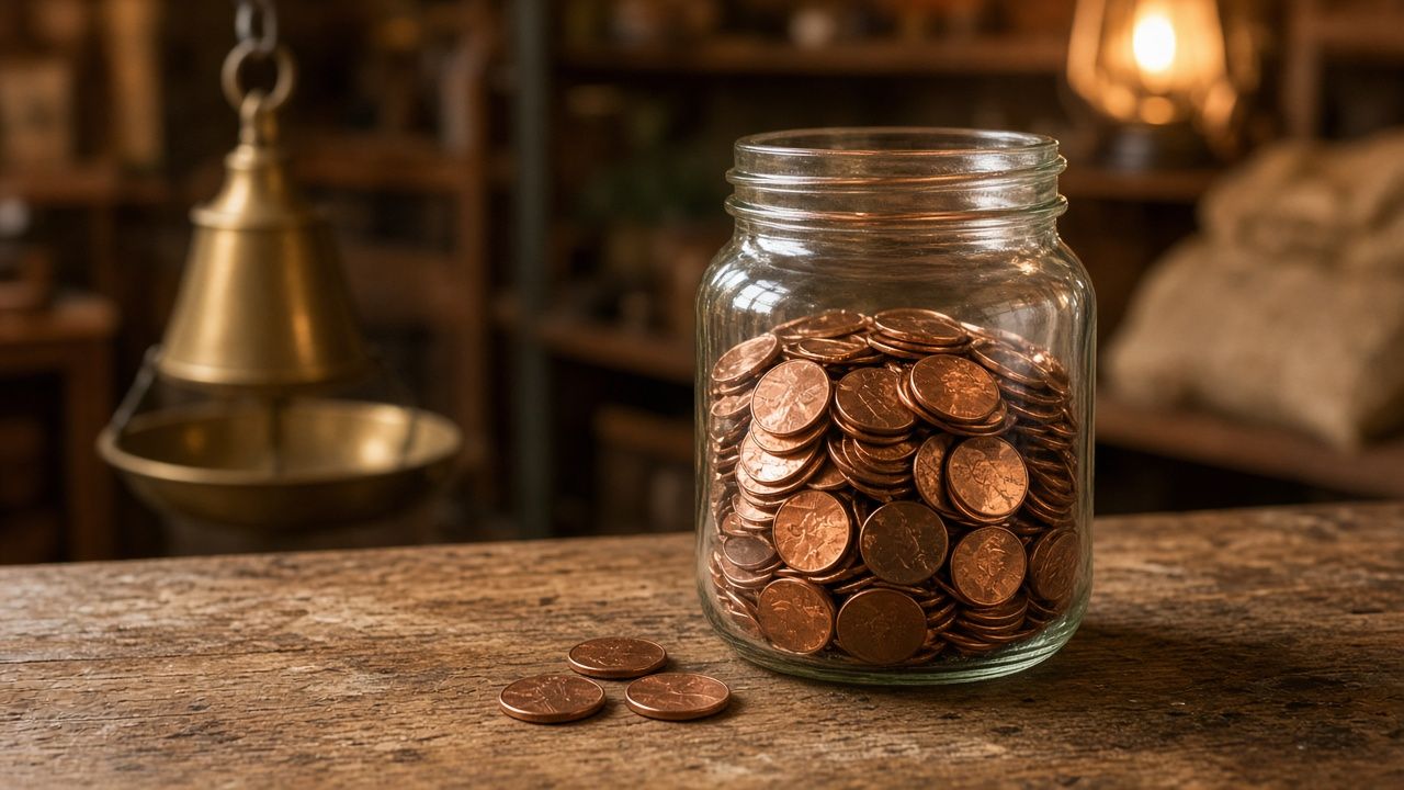A mason jar full of pennies on a feed store counter