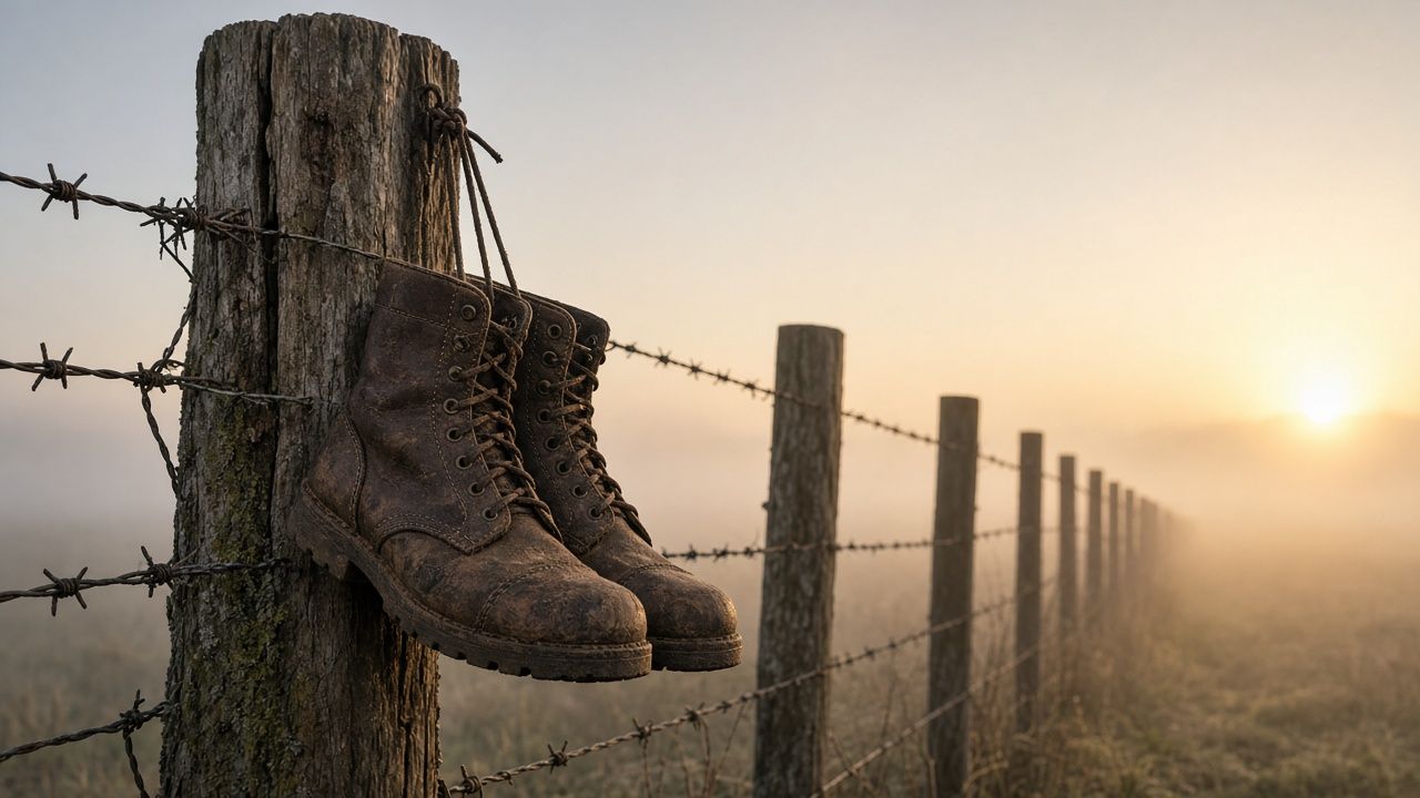 Old leather boots hanging from a fence post at dawn