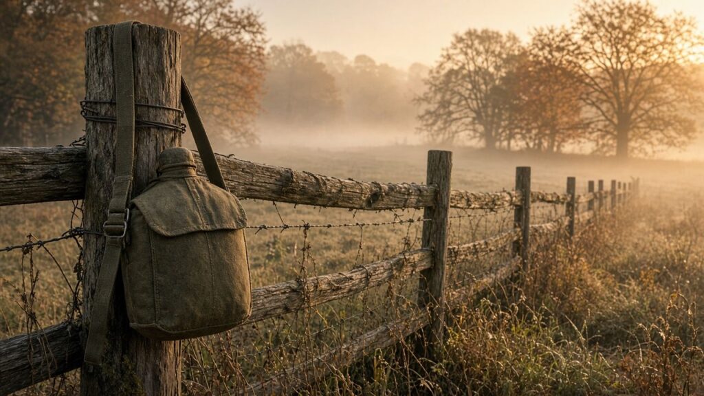 An olive-drab canteen hanging from a fence post in a misty pasture