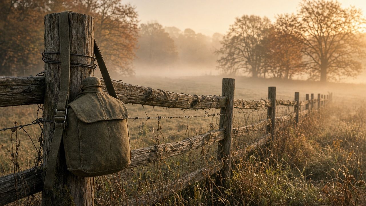 An olive-drab canteen hanging from a fence post in a misty pasture