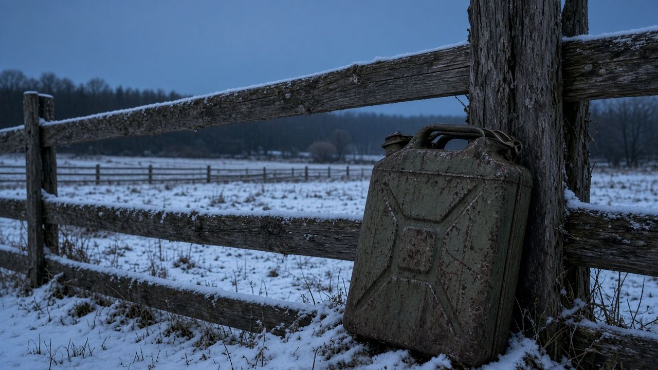 An olive-drab jerrycan leaning on a snowy gate post