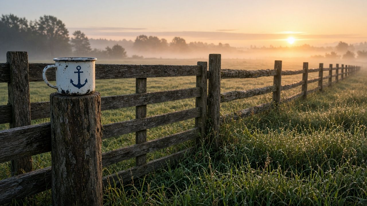 An enamel mug with a small anchor resting on a fence post at sunrise