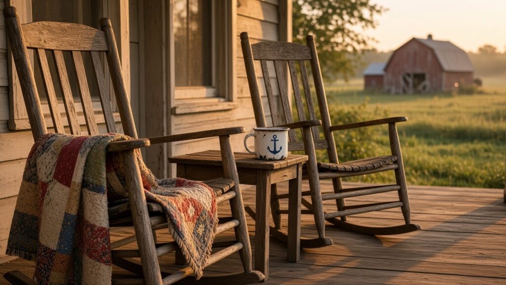Two weathered rocking chairs on a farmhouse porch at sunrise, a quilt on one and an enamel mug on the table between them