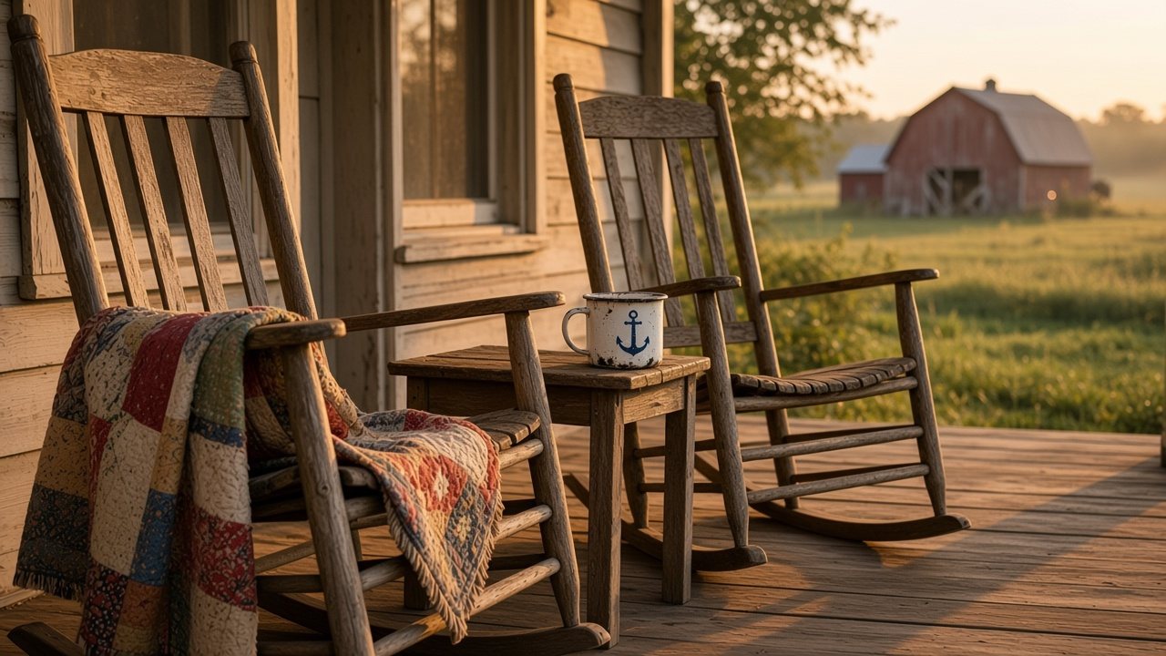 Two weathered rocking chairs on a farmhouse porch at sunrise, a quilt on one and an enamel mug on the table between them