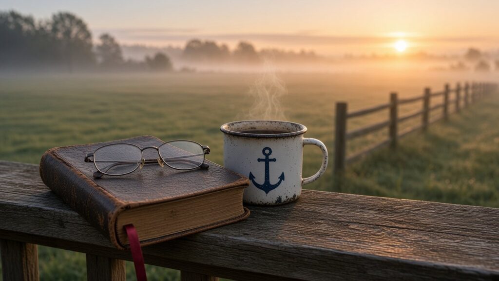 A worn leather Bible with reading glasses and a steaming enamel mug on a porch rail above a misty pasture