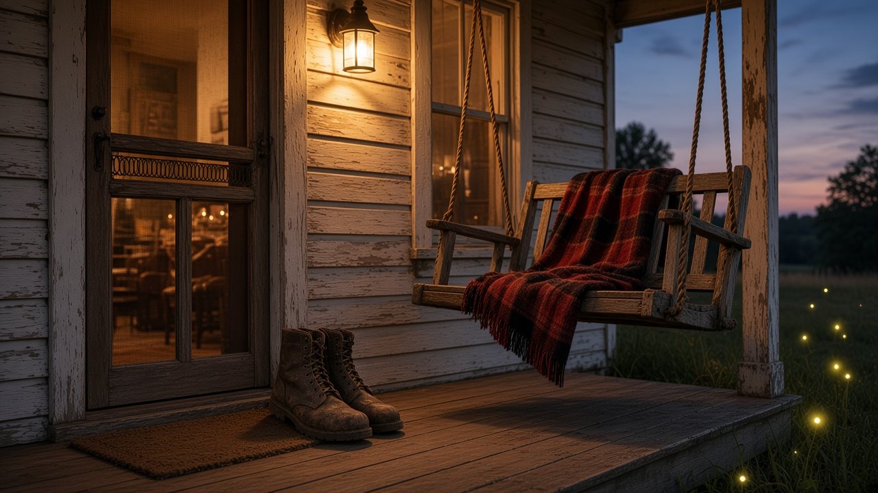 A porch swing with a plaid blanket, work boots by the screen door and fireflies at dusk