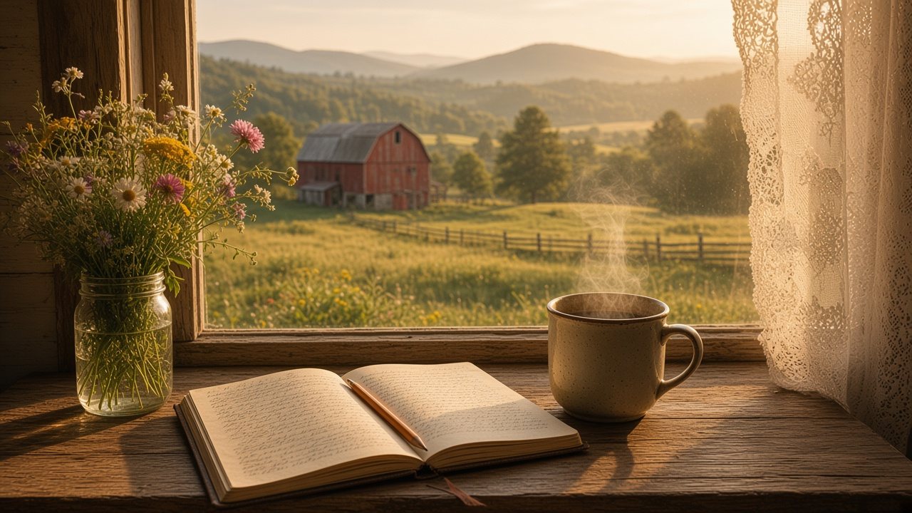 A mason jar of wildflowers, an open notebook and a coffee mug on a windowsill looking out over a pasture and red barn
