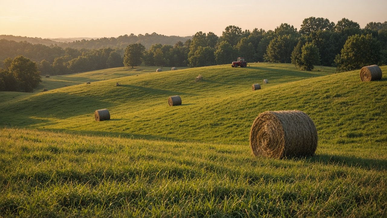 Round hay bales in a green pasture at golden hour
