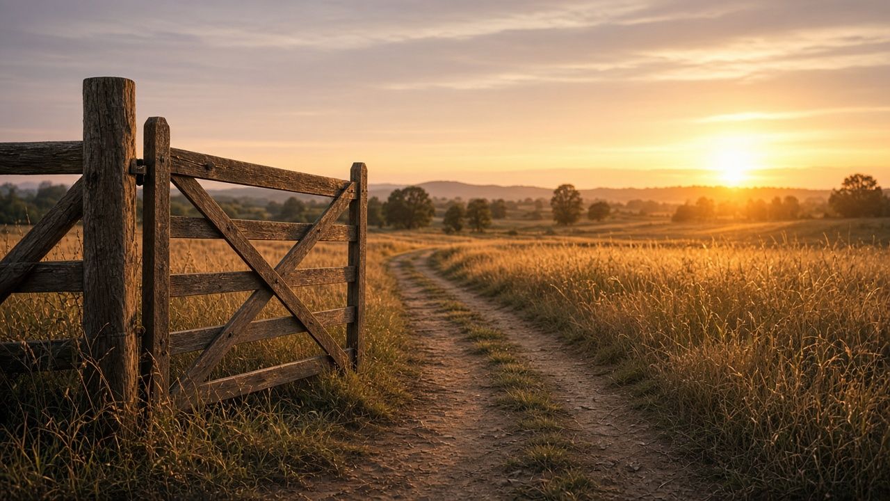 An open farm gate at sunset with a dirt lane beyond