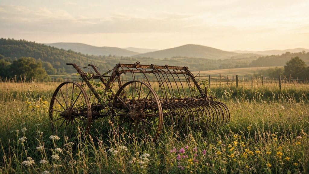 An old rusted hay rake in tall grass