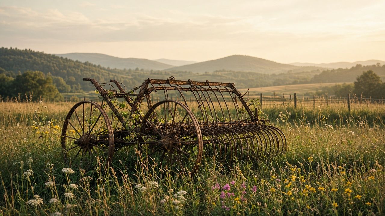 An old rusted hay rake in tall grass
