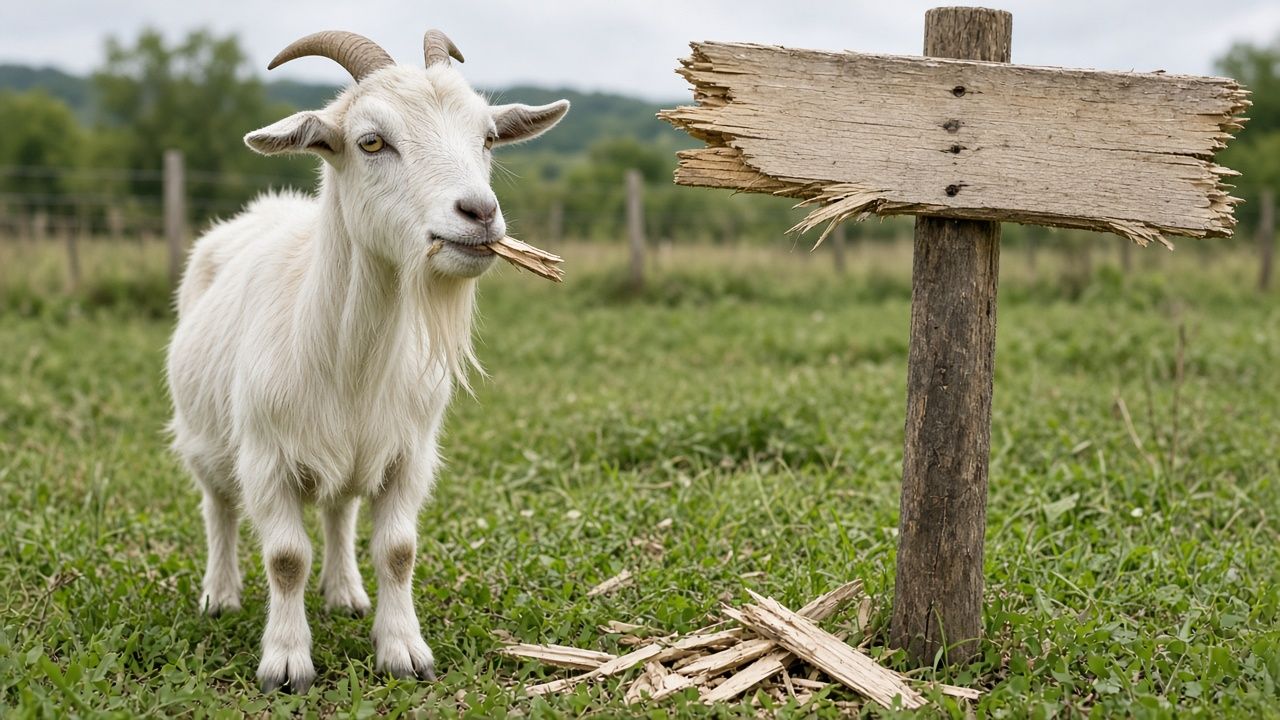 A guilty-looking goat beside a chewed wooden sign