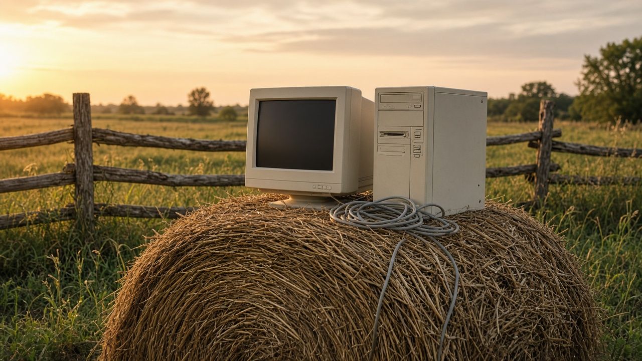 An old beige computer and CRT monitor on a hay bale