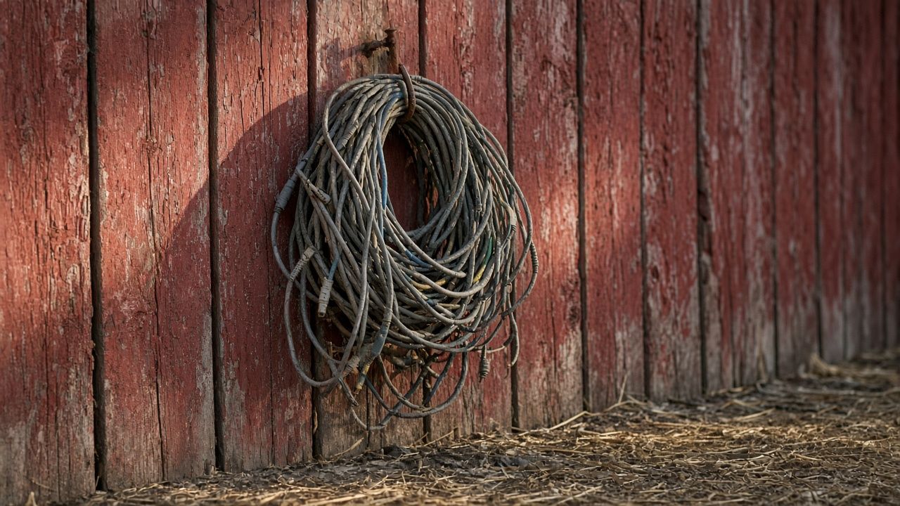 A tangle of old cables hanging from a nail on a red barn wall