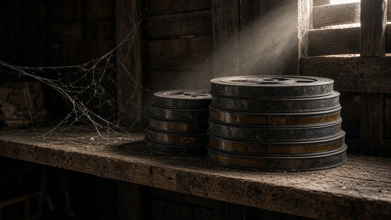 Old backup tape reels on a dusty barn shelf