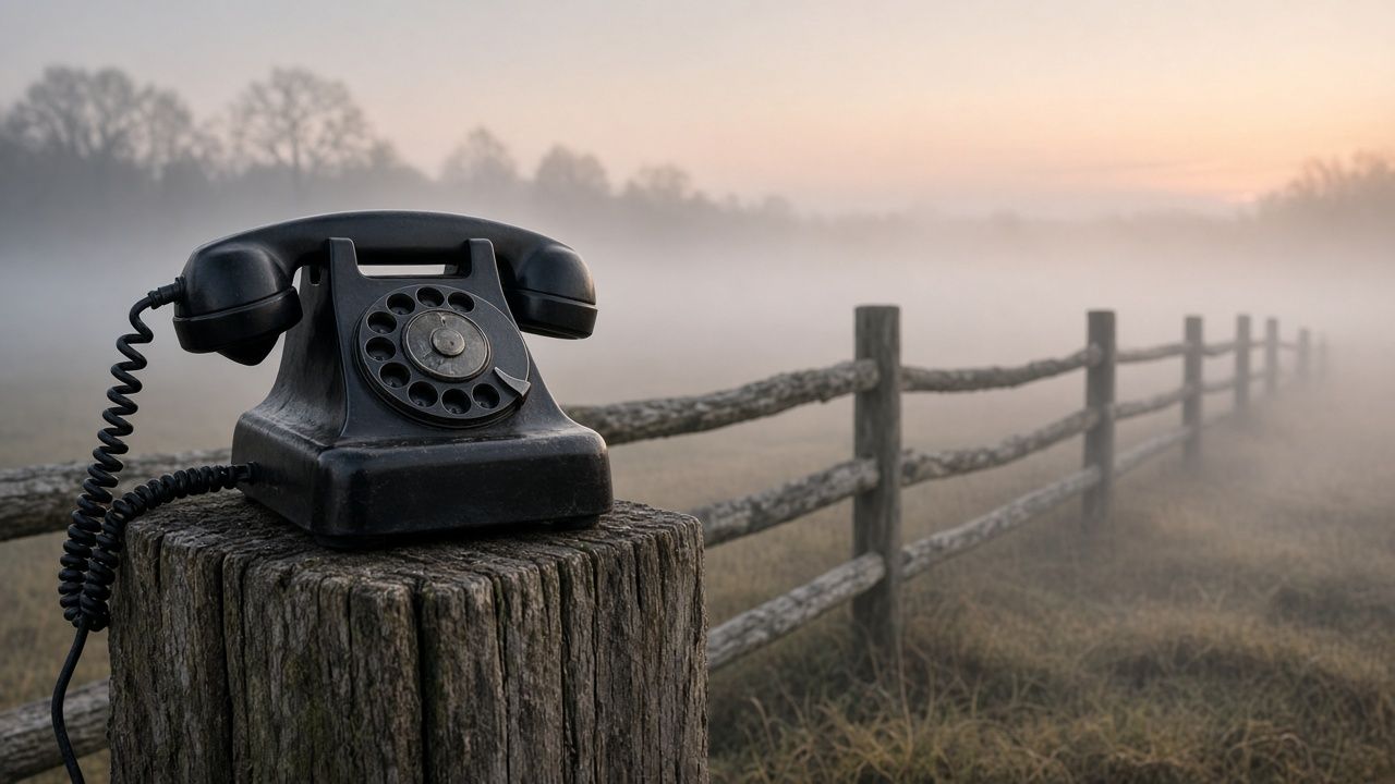 A rotary telephone on a fence post in the morning mist