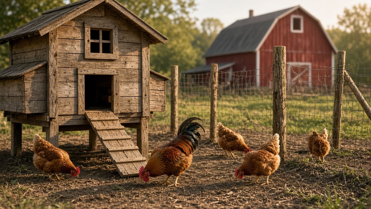 A wooden henhouse and fenced run with hens in morning light