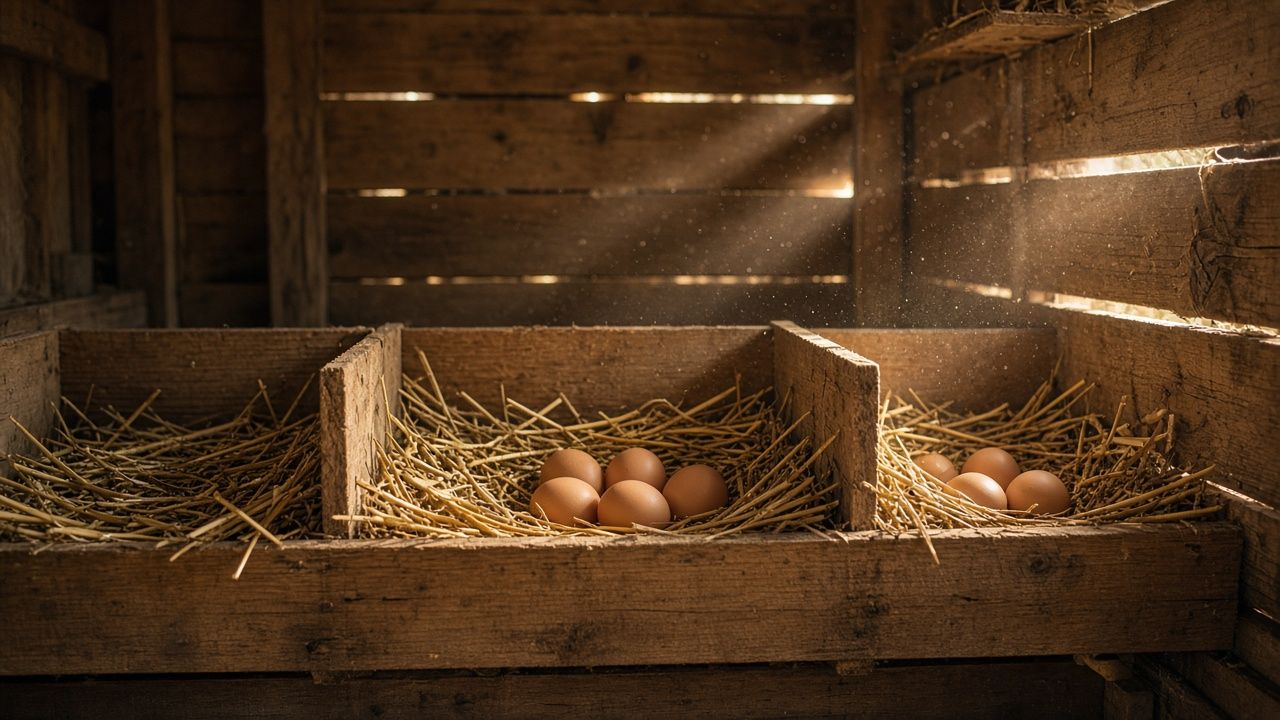 Straw-filled nesting boxes holding brown eggs