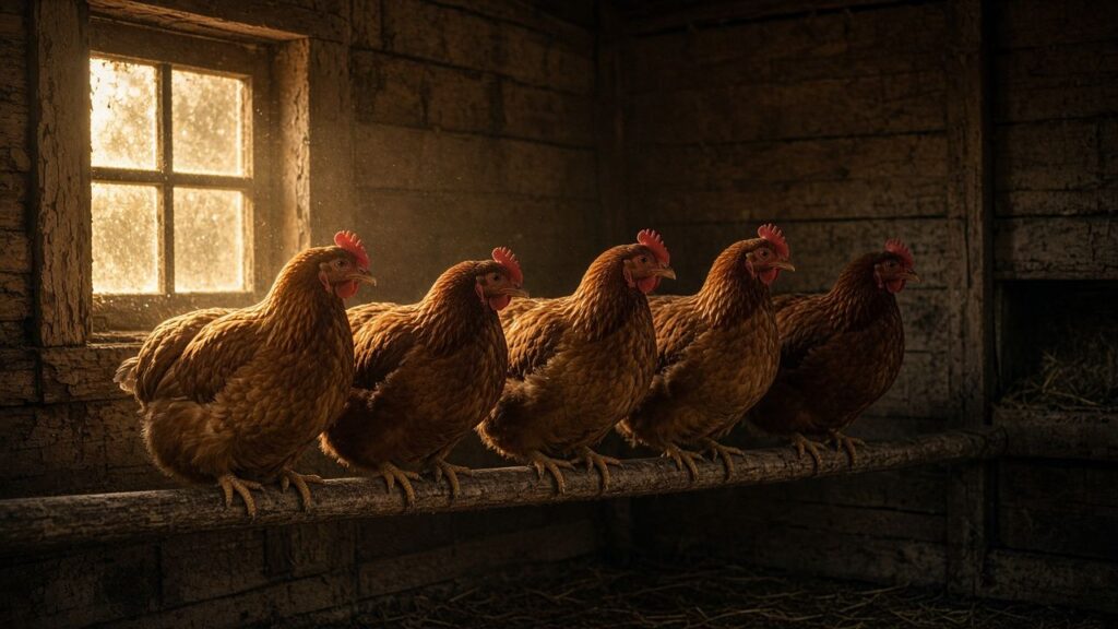 Hens roosting side by side inside an old coop