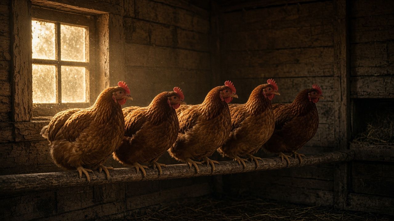 Hens roosting side by side inside an old coop