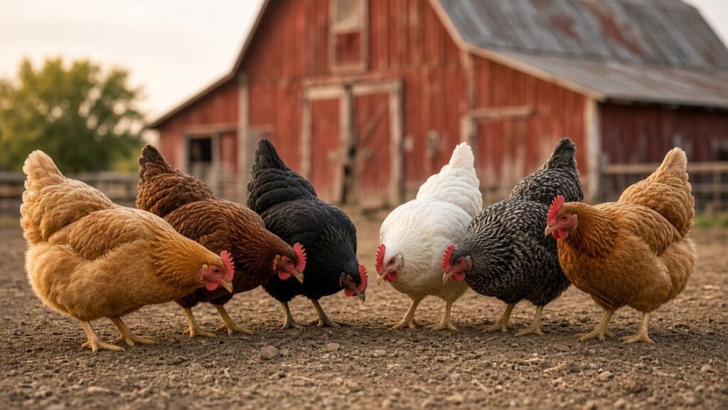 Six hens in a tight huddle, as if holding a serious meeting