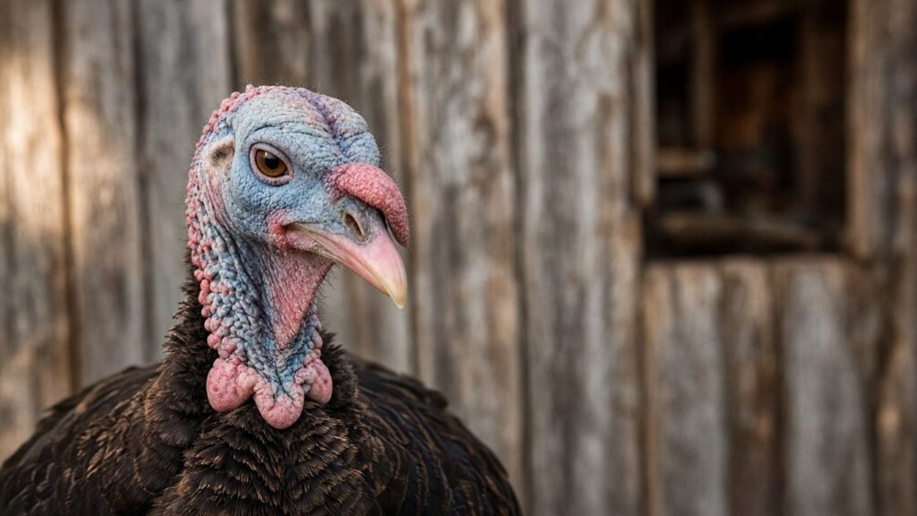 A turkey giving a deadpan side-eye to the camera