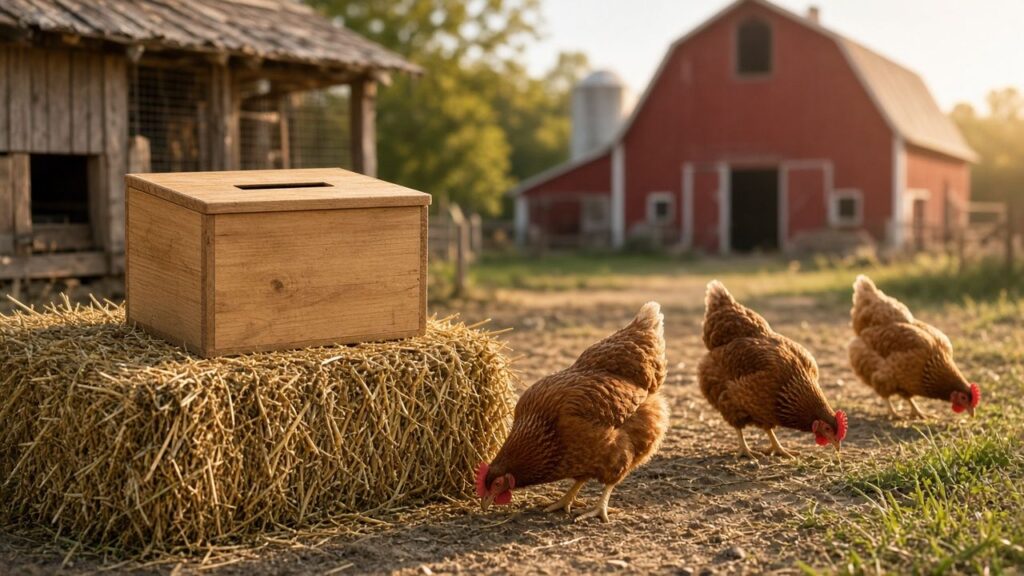 A plain wooden ballot box on a hay bale beside the henhouse