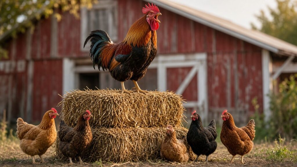A rooster mid-crow on a hay bale while the hens look on, unimpressed